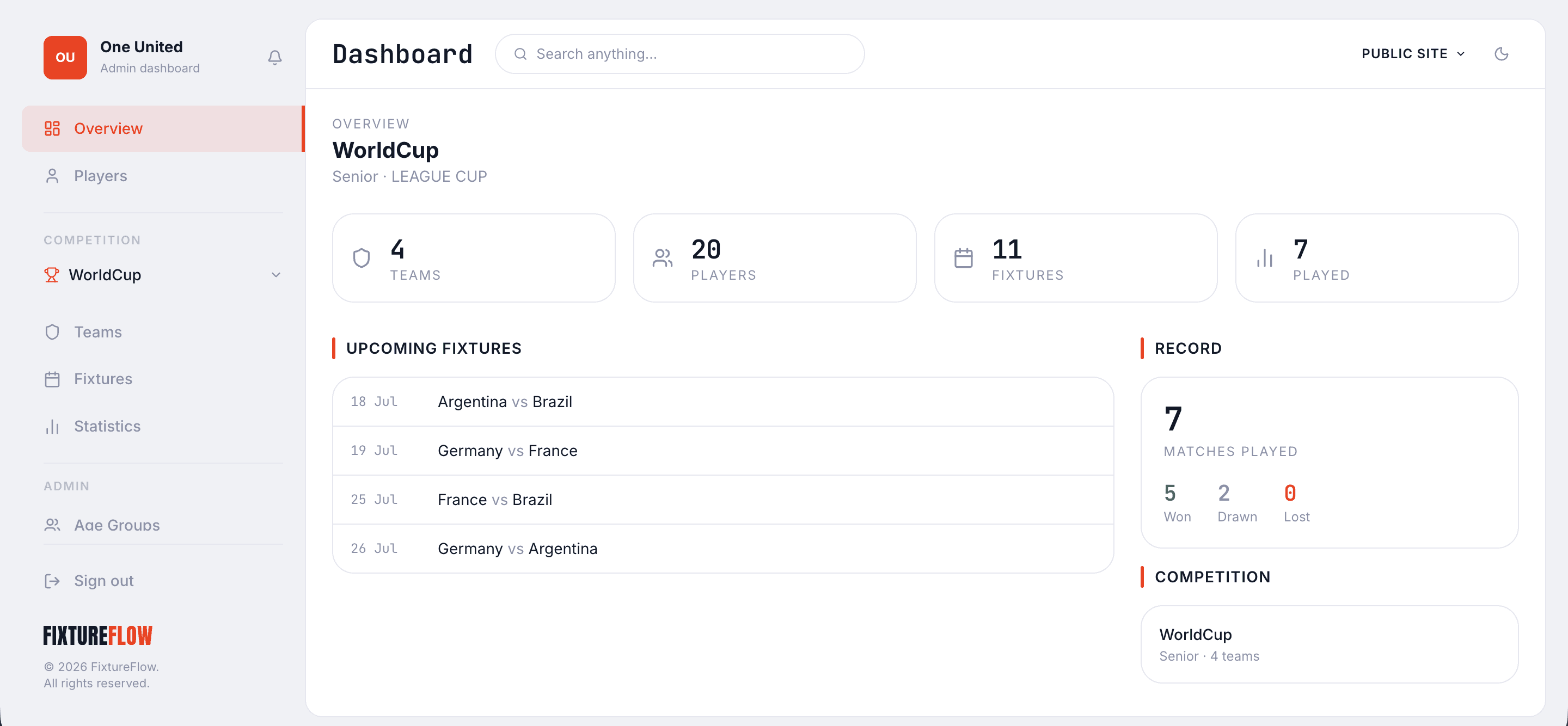 FixtureFlow admin dashboard showing fixtures, standings, and competition stats